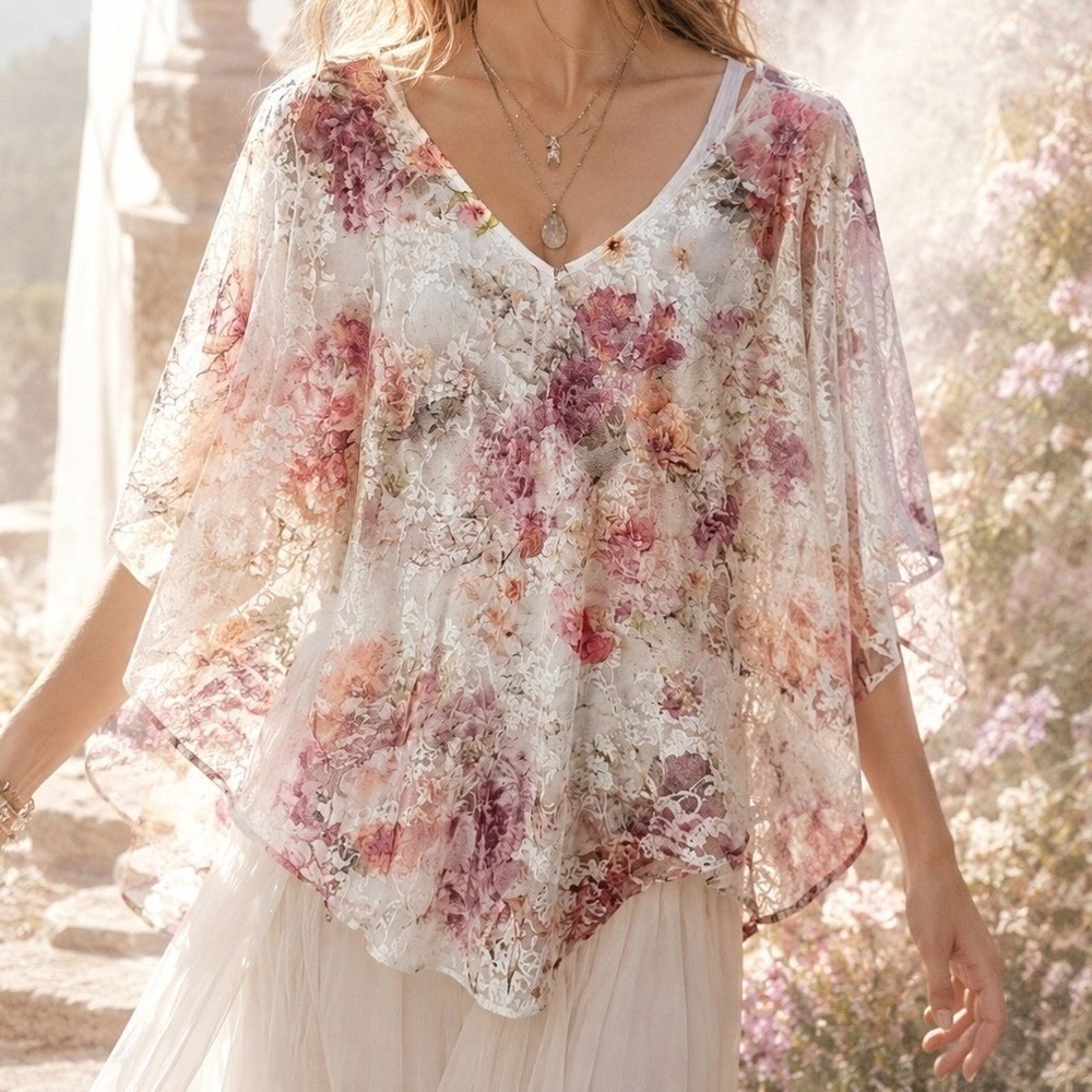 Ethereal Lace Watercolor Floral Poncho Top Size Medium Fairycore Romantic